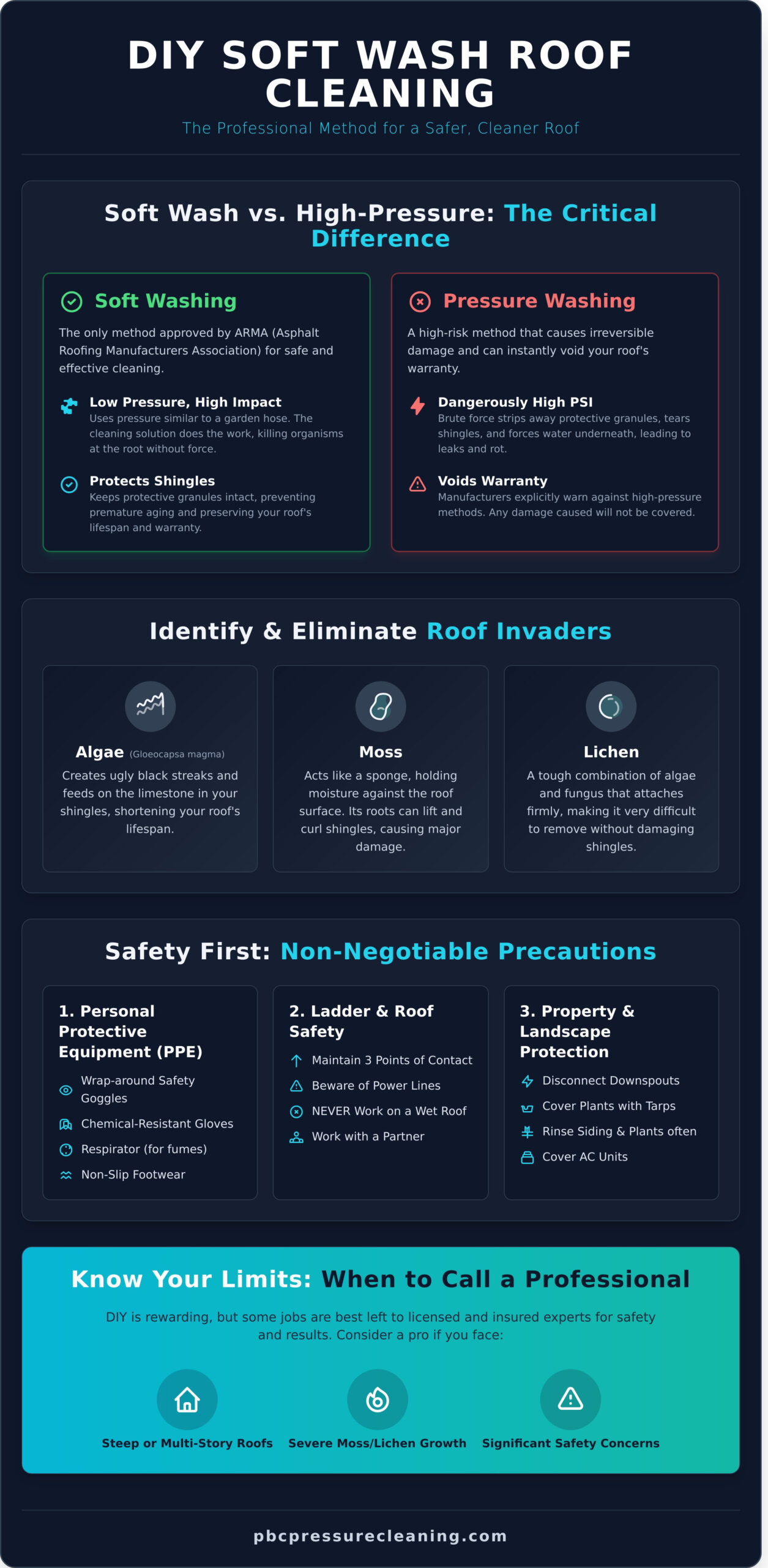 DIY Soft Wash Roof Cleaning: A Complete Guide to Doing It Safely - Infographic