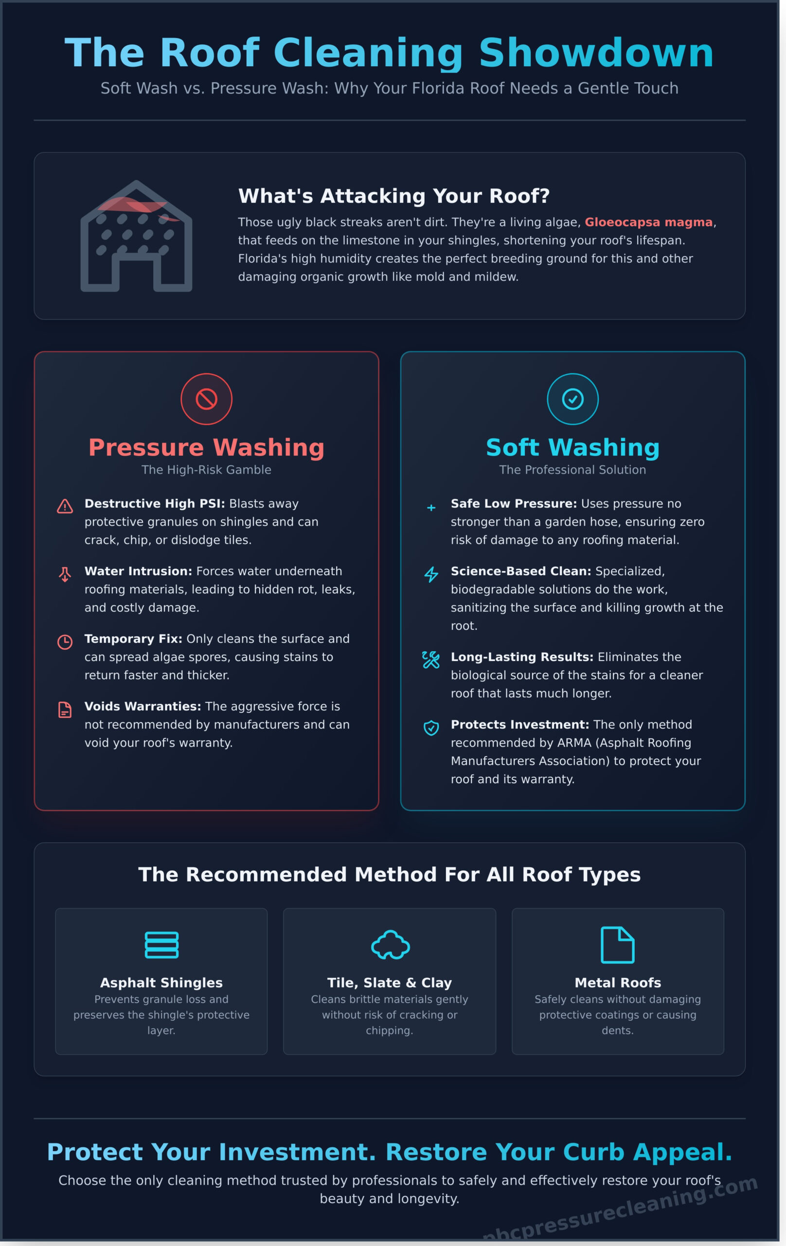 Soft Wash Roof Cleaning: The Safe Way to Restore Your Florida Roof - Infographic